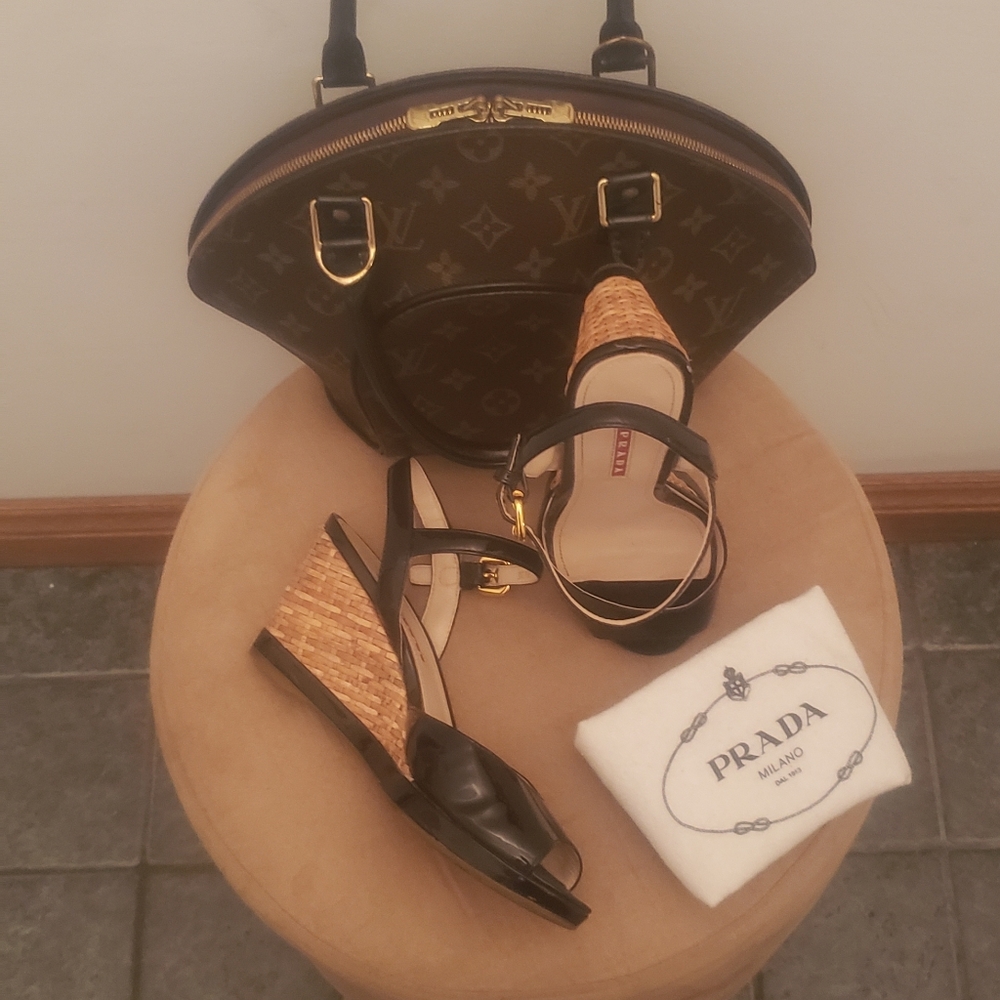 Black Prada Patent Wedge Wicker Heels Sandals